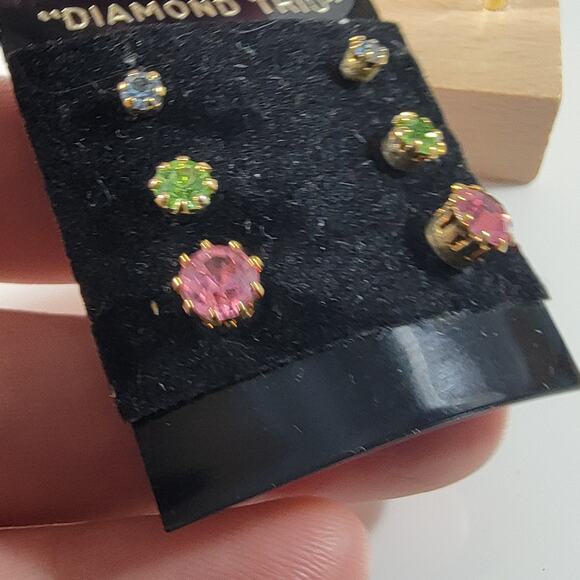Vintage "Diamond Trio" Stud Earrings Set, 3 Pairs with Pink, Green & Blue Stones - Picture 10 of 10